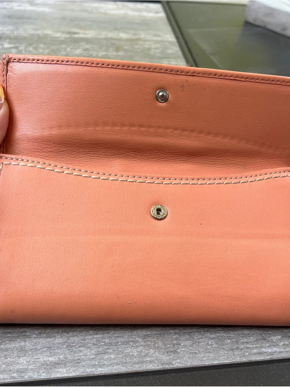 Coach Peach Leather Turn-Lock Wallet with Snakeskin Accent